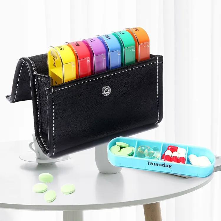 28 Cases Weekly 7 Day Pill Box, Pill Container with PU Leather Bag pill box