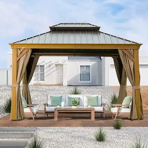 Gazebo de aluminio con techo doble de acero galvanizado para exteriores, gazebo de tapa dura de 10 pies x 12 pies con cortinas y red para césped y jardines
