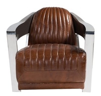 Fauteuil club aviateur de style rétro classique avec cuir grainé et accoudoirs en acier inoxydable, structure en bois massif, ensemble de meubles de maison en velours