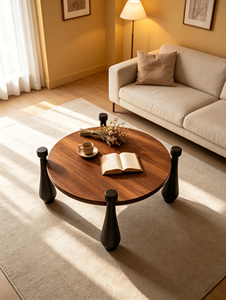 Modern Wood <b>Coffee</b> <b>Table</b> Minimalist Design Round Top Black <b>Legs</b> Living Room Furniture - Product Image 5