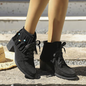 <span class=keywords><strong>Botines</strong></span> negros bohemios chic para mujer con flecos de gamuza sintética cuentas coloridas abalorio de madera con tacón grueso - Product Image 3