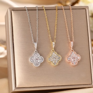 Collar de trébol de acero inoxidable de circón chapado en oro de 18 quilates para mujer, cadena de eslabones con patrón Floral a la moda, joyería de moda, Bisutería - Product Image 6
