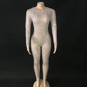 See Through Sparkly Bodysuit Strass Lange Mouw Jumpsuit Avond Verjaardag Vieren Kostuum Luxe Party Girl Shiny Bodysuit