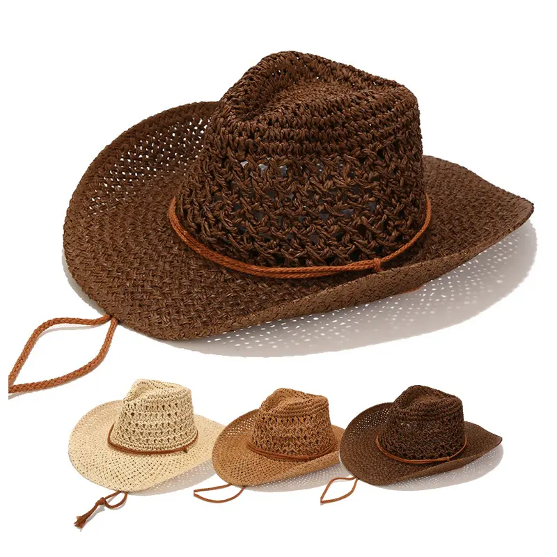 Nuovo arrivo tappi con trama in corda traspirante con Logo personalizzato lavorato a mano con stringhe lavorate all'uncinetto cappello di paglia da Cowboy per le donne