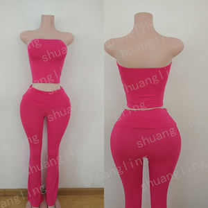 Conjunto de pantalones acampanados plegables, cintura personalizada, entrenamiento, mallas de pierna ancha, ropa de algodón, conjunto de dos piezas de verano para mujer, conjuntos de ropa de descanso - Product Image 4