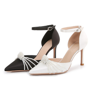 New Multi-pearl <b>Pointed</b> <b>Toe</b> Stiletto High Heels Sexy Satin Wedding Shoes - Product Image 5