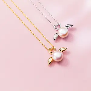 925 Sterling Silver Lovely Cute Heart Angle Wings Freshwater Pearl Pendent Necklaces for Women Jewelry