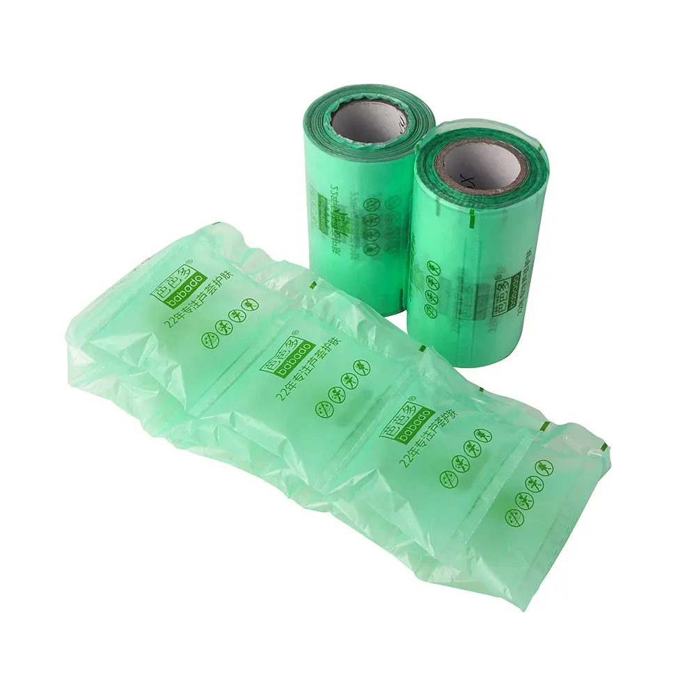 Almohada de llenado de aire de plástico, película de cojín, embalaje de burbujas, envoltura de color verde, 10x20cm, 500 metros