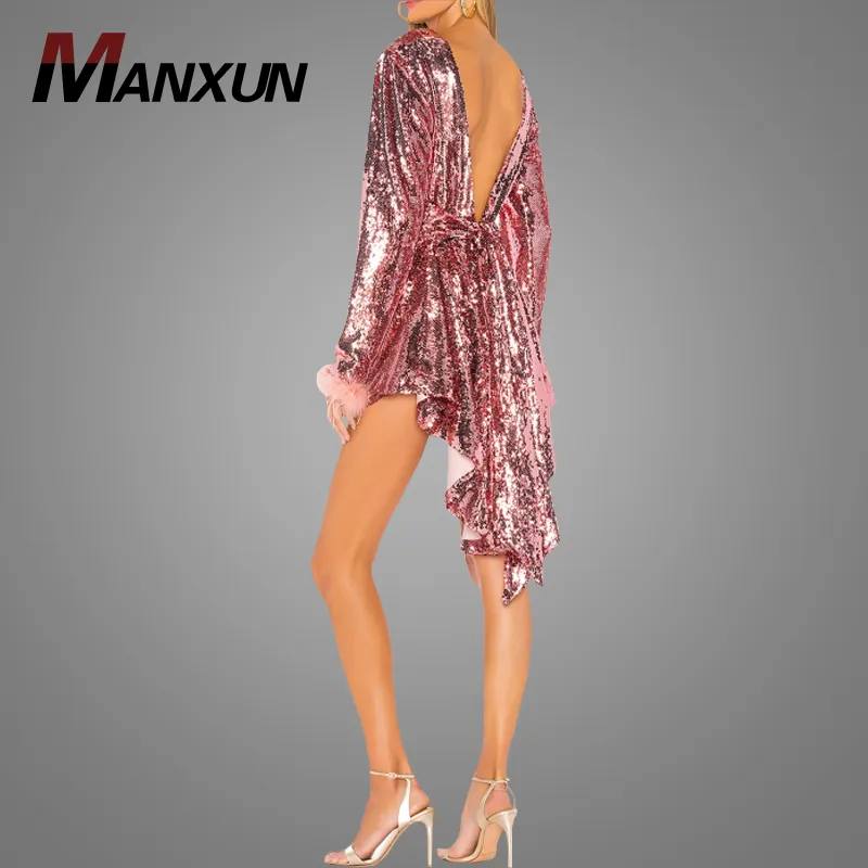 नई डिजाइन महिलाओं के कपड़े सेक्विन और पंख अलंकरण सेक्सी उच्च और कम Backless शाम पोशाक