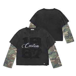 เสื้อยืดแขนยาวสองชั้นสำหรับผู้ชายผ้าคอตตอนซักได้พิมพ์ลายสตรีทแวร์ผ้าฝ้ายโอเวอร์ไซส์ - Product Image 1