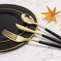 125PCS Assiette Noire Jetable Or Couverts Jetables avec Poignée Noire 25 Assiettes à Dîner 25 Assiettes à Dessert 75 Couverts En Or Noir