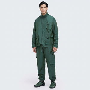 Custom Casual Cotton Canvas Windbreaker Blank Jogging Set Stand Collar Utility Pockets <b>Jacket</b> Cargo Pants 2 Pcs Set Front - Product Image 1