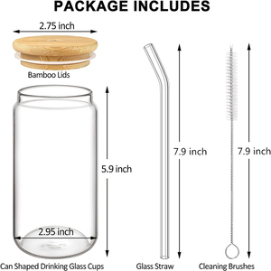 Eco-friendly 12oz 16oz 20oz grande birra Cola vino può bere tazza di vetro borosilicato con coperchio di bambù e paglia - Product Image 6