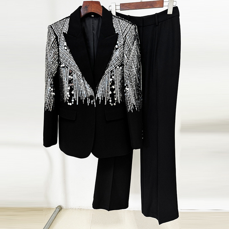 Elegant Women's Sequin Blazer \u0026 Wide Leg Pants White Formal Suit Set Odm
