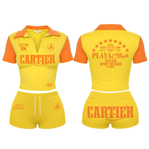 Conjunto de Top Corto Tipo Polo con Cierre Frontal y Pantalones Cortos para Mujer, Atuendo Casual de Dos Piezas, Logotipo Personalizado, Ropa de Verano, Conjunto de Top Corto con Cuello Polo para Mujer - Product Image 5