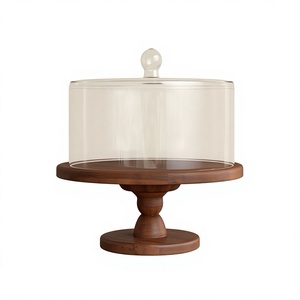 Minimalistic Round Wood <b>Cake</b> <b>Stand</b> Handmade with glass top Pedestal Dessert Display for Wedding Birthday Party Table for hotel - Product Image 1