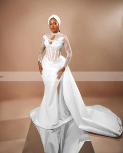 Mumuleo <span class=keywords><strong>Robe</strong></span> de mariée sirène <span class=keywords><strong>blanche</strong></span> à col haut transparent Aso Ebi avec surjupe Vestido De Festas Longo Casamento <span class=keywords><strong>Robe</strong></span> de mariée - Product Image 3