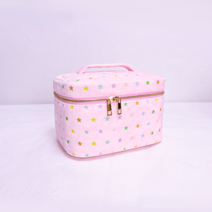 Custom Pink Terry Makeup <b>Bag</b> Sprinkle Embroidery Star Cosmetic <b>Toiletry</b> Zipper Case for <b>Women</b> - Product Image 3