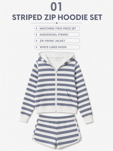 <b>Women's</b> Striped Zip Up Hoodie Set <b>White</b> Lined Knitted Sweatshirt and <b>Shorts</b> Two Piece Outfit - Product Image 5