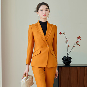 Women's Suit Set Polyester Worsted Full Sleeve Anti-Wrinkle Office Lady Autumn Red Orange Color Option - Product Image 3