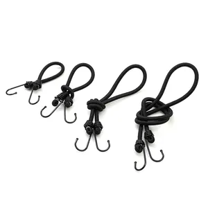 Wholesales Luggage Rope Round Elastic Black 8mm 10mm Looped Bungee Cord Strap With Metal Hooks