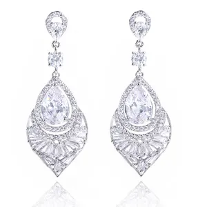 Vintage Style Cubic Zircon Hollow Out Water Drop Pendant Long Dangle Earrings for Women Elegant High Class Wedding Party Jewelry