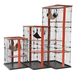 Ucuz büyük kedi kafesi Villa paslanmaz çelik lüks büyük 3 katmanlı kedi kafesi