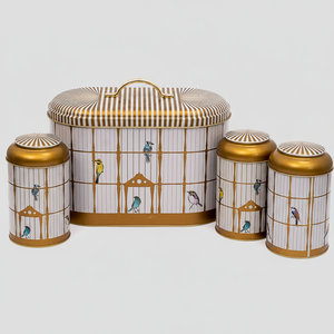 Juego de 4 Cajas Redondas de Metal Kontensan con Tapa de Cúpula, Ilustración Vintage de Jaula de Pájaros y Diseño de Pájaros Coloridos - Product Image 2