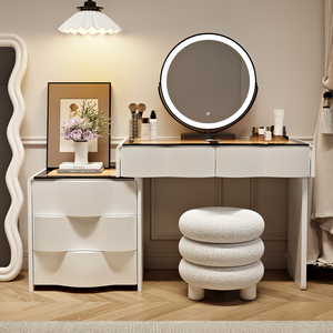 Minimalist Wooden <b>Vanity</b> Table With Lighted Mirror For <b>Bedroom</b> Makeup Station - Product Image 3