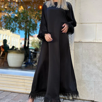 Ensemble Abaya pour femmes Dubai Modesty 2023, haut et bas, jupe maxi à ourlet en plumes, combinaison, robe arabe assortie, Abaya en satin noir musulman