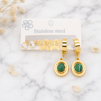 Anting-anting anti keringat dari baja tahan karat, set 3 buah, kristal bertumpuk, model gantung, warna emas mengkilap, perhiasan fesyen untuk pemakaian sehari-hari