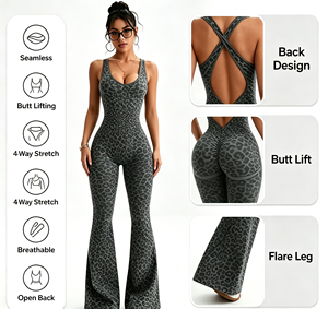 <span class=keywords><strong>Tuta</strong></span> da yoga senza cuciture con stampa <span class=keywords><strong>leopardata</strong></span> da <span class=keywords><strong>donna</strong></span>, modello crossover elasticizzato in quattro direzioni, <span class=keywords><strong>tuta</strong></span> svasata modellante sui fianchi - Product Image 1