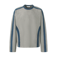 OEM ODM Pria Sweatshirt Lengan Panjang Bahan Suede Imitasi Kerah Bulat Garis Samping Melengkung Warna Biru Kontras Raglan Vintage Color Block