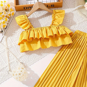 Set Casual estivo in due pezzi per ragazze Top con cinturino in pizzo corto e centinaia di <span class=keywords><strong>pantaloni</strong></span> a pieghe modello solido per bambini grandi - Product Image 2