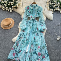 Robe longue décontractée pour femme WIWT, élégante, à imprimé floral, col montant à volants, manches longues bouffantes, coupe trapèze, pour le quotidien et les vacances