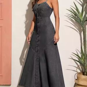 Robe longue en jean bleu uni 100 % coton style bohème pour femme, col rond, sans manches, coupe trapèze, fermeture éclair au dos, écologique - Product Image 1