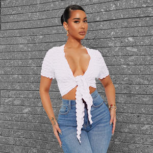 Último diseño de moda palomitas de maíz <span class=keywords><strong>Hort</strong></span> manga calle camiseta mujer Sexy blanco cuello en V anudado Crop Tops - Product Image 3