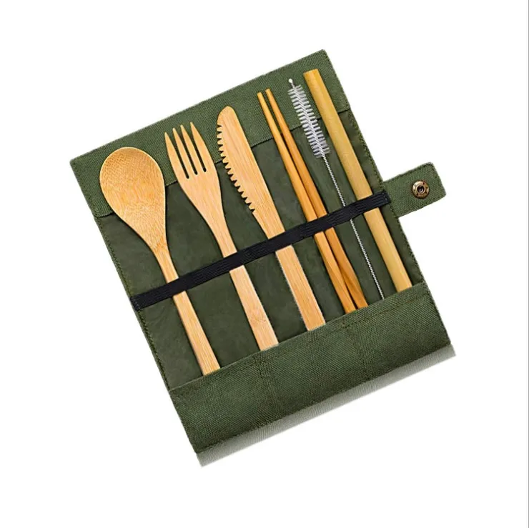 Travel Outdoor Portable Reusable Tableware Biodegradable Bamboo Cutlery Travel Set With Bag,Wooden Spoon Set