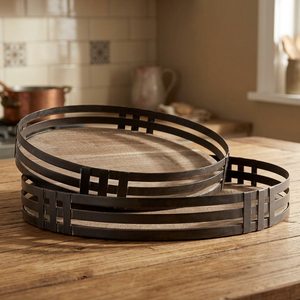 <b>Rustic</b> Round Wooden Decorative Tray Metal Frame Serving Tray <b>Farmhouse</b> <b>Table</b> Centerpiece Display Platter for Coffee <b>Table</b> Home - Product Image 4