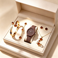 Montre ronde à quartz Ashion avec collier, bracelet, bague et boucles d'oreilles à motif de fleurs porte-bonheur (6 pièces) - Ensemble de bijoux A27019