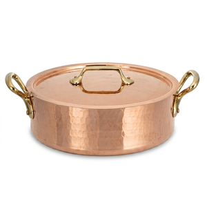 Casserole en cuivre artisanale avec couvercle plat et poignées latérales en laiton, vaisselle de haute qualité - Product Image 1