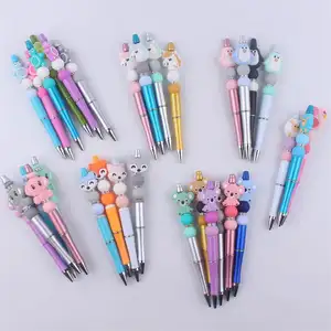 Stocked DIY Silicone Beaded Cartoon Animal Sheep Penguin Flamingo Black Ballpoint Pens