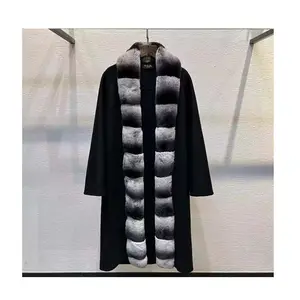 2024 nuevo estilo de moda invierno suave negro largo lana Real abrigos de piel de conejo para mujeres
