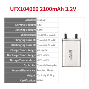 맞춤형 LiFePO4 리튬이온 배터리 셀 UFX104060 <span class=keywords><strong>3.2V</strong></span> 2100mAh 리튬 인산철 배터리 - Product Image 2