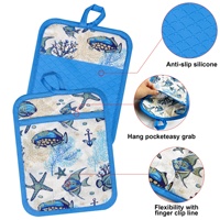 Ensemble de 5 pièces d'accessoires de cuisine à motif océanique : Tablier en coton imperméable sans manches, gants de four anti-brûlure écologiques et protège-ustensiles