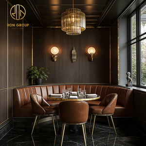 Canapé de <span class=keywords><strong>restaurant</strong></span> de luxe commercial en marbre rond et cuir marron, banquette demi-cercle, table et chaise pour café - Product Image 1