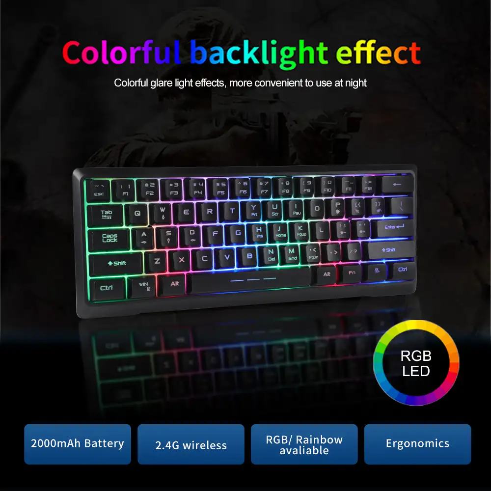 Mini Keyboard Wired Keyboard Keypad 60% RGB Gaming KeyboardSmall And Compact 61-key Wired/wireless Mini Rechargeable Mini Portable Gaming Keyboard
