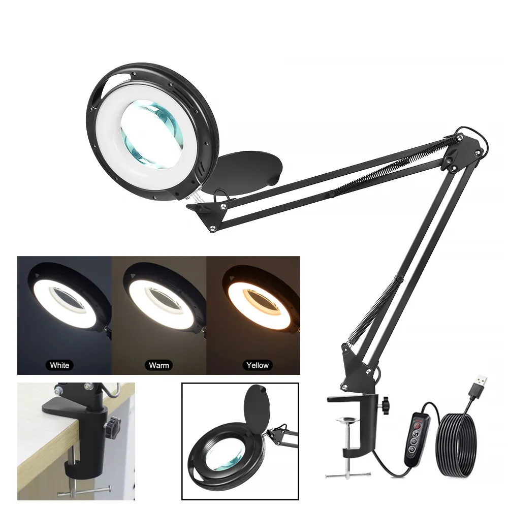 USB Magnifying Glass Table Lamp 3 Color Adjustable Lights for Reading Crafts Hobby Soldering Lamps 5X Magnifier with Cover