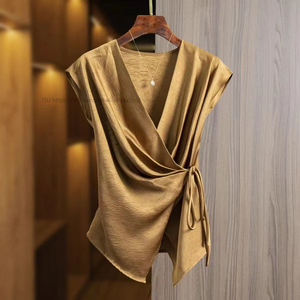 Women's Satin Wrap Front <b>Top</b> Sleeveless V-Neck Tie-Waist Casual Blouse Shirt Fashion - Product Image 5