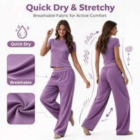 Ensemble de vêtements de sport décontractés 2 pièces pour femme, respirant et à séchage rapide, idéal pour le yoga et la gym, avec devant uni